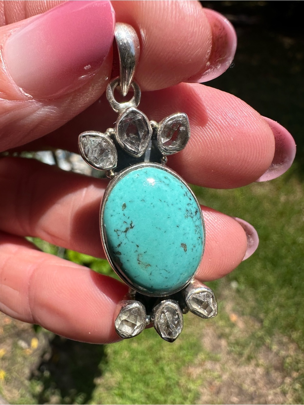 B&B Sterling Silver 925 Kingman Turquoise Herkimer Cluster Pendant Boho Statemen
